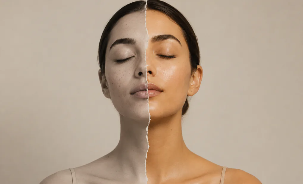 Split portrait of the same woman, untreated skin on one side and treated skin on the other