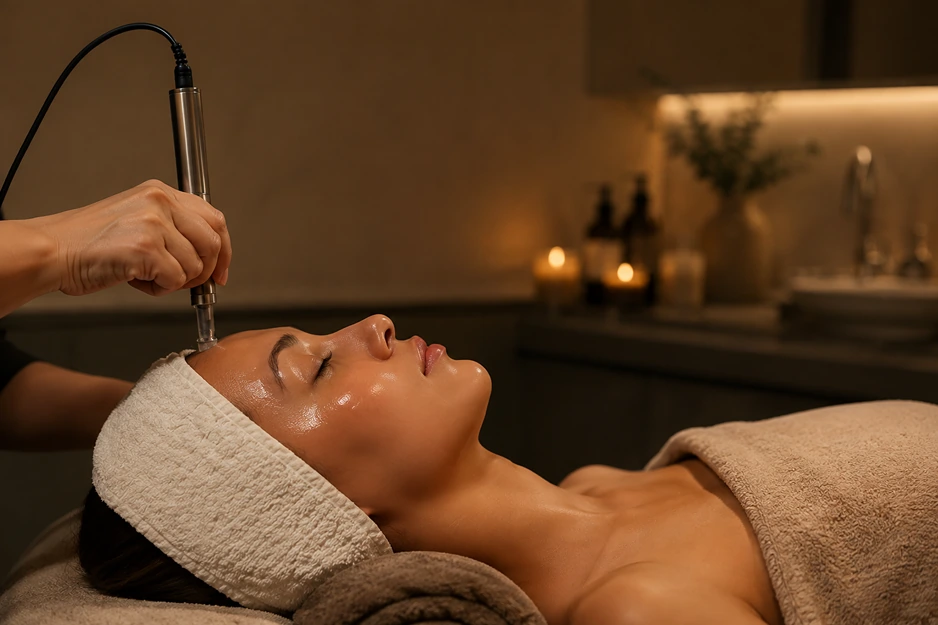 A patient receiving a facial treatment in Novea's candlelit treatment room