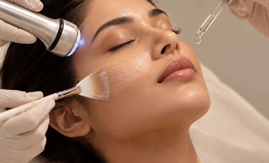 A facial in progress: a serum brushed onto the cheek beside an LED handpiece