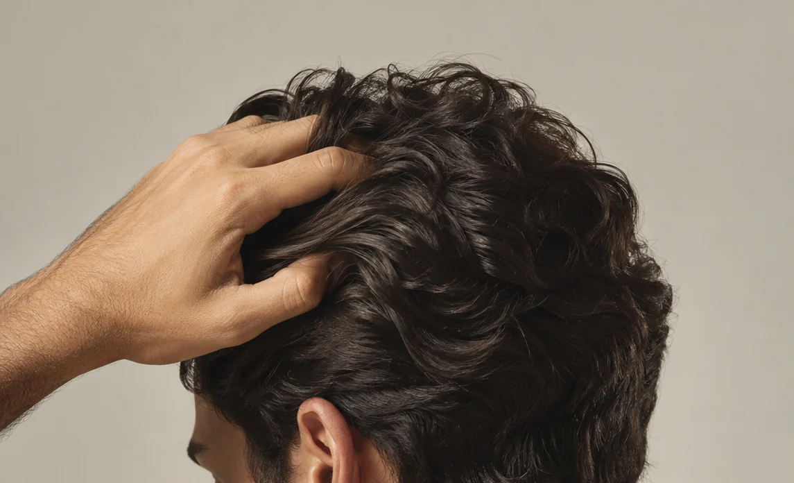 A man running his hand through thick, dark, wavy hair