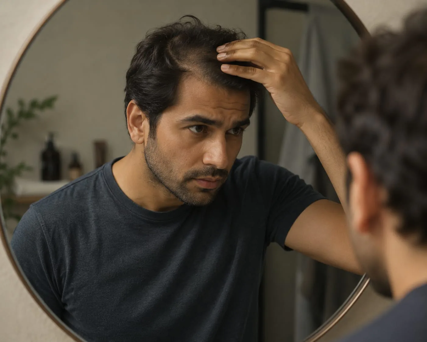 Man in a bathroom mirror lifting his fringe to examine a thinning hairline