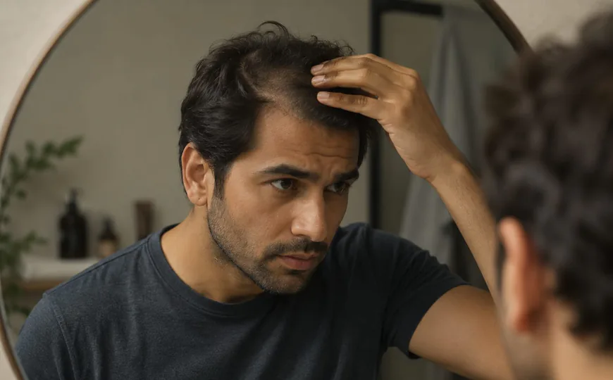 Man in a bathroom mirror lifting his fringe to examine a thinning hairline