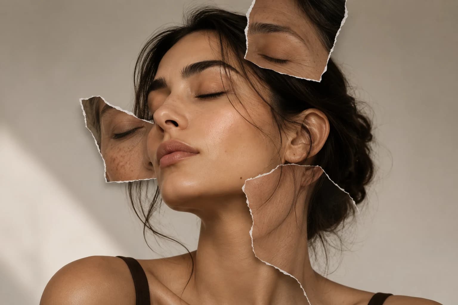 Portrait of a woman overlaid with torn photograph fragments showing aged skin