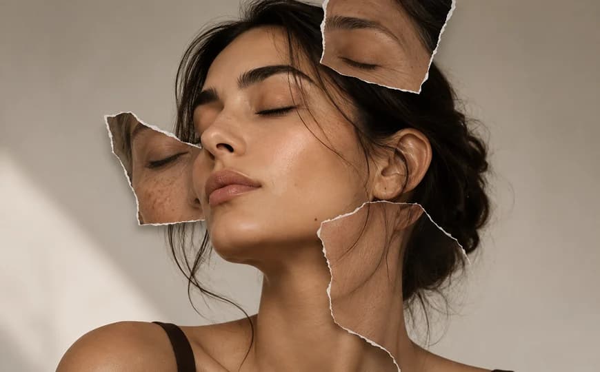 Portrait of a woman overlaid with torn photograph fragments showing aged skin