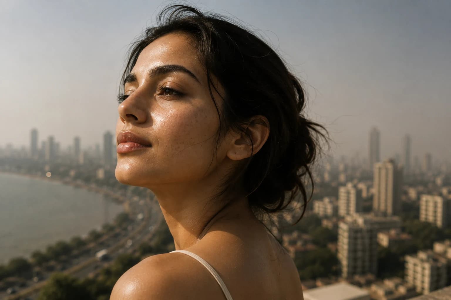 Woman in sunlight above the Mumbai skyline and sea link