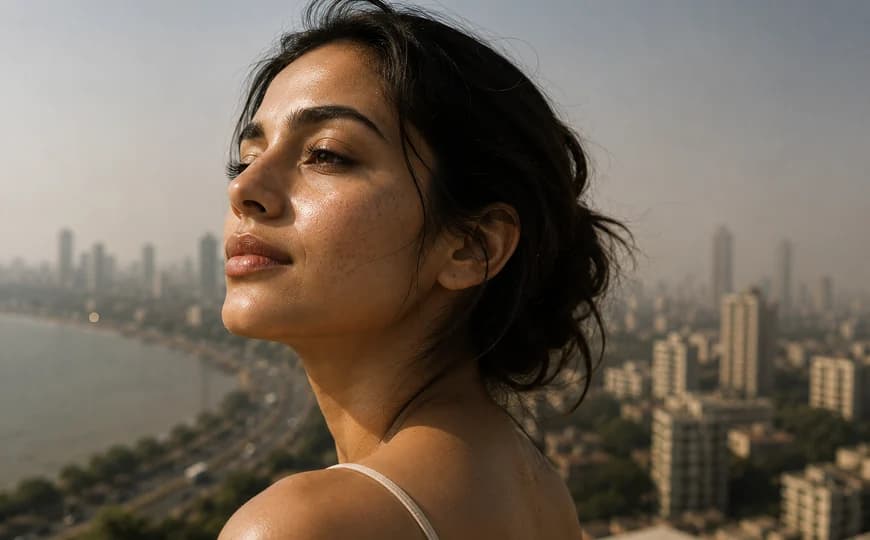 Woman in sunlight above the Mumbai skyline and sea link