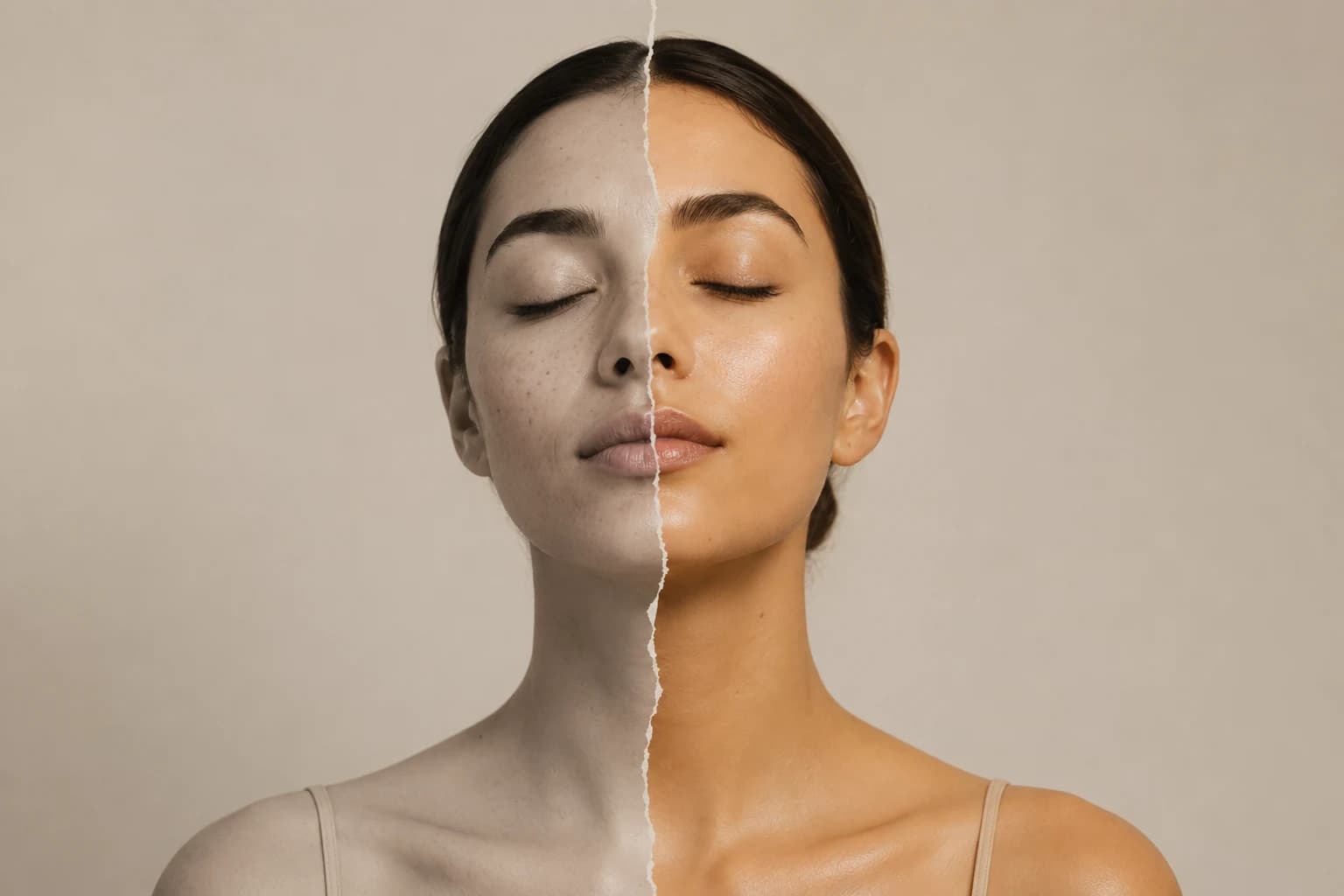 Split portrait of the same woman, untreated skin on one side and treated skin on the other