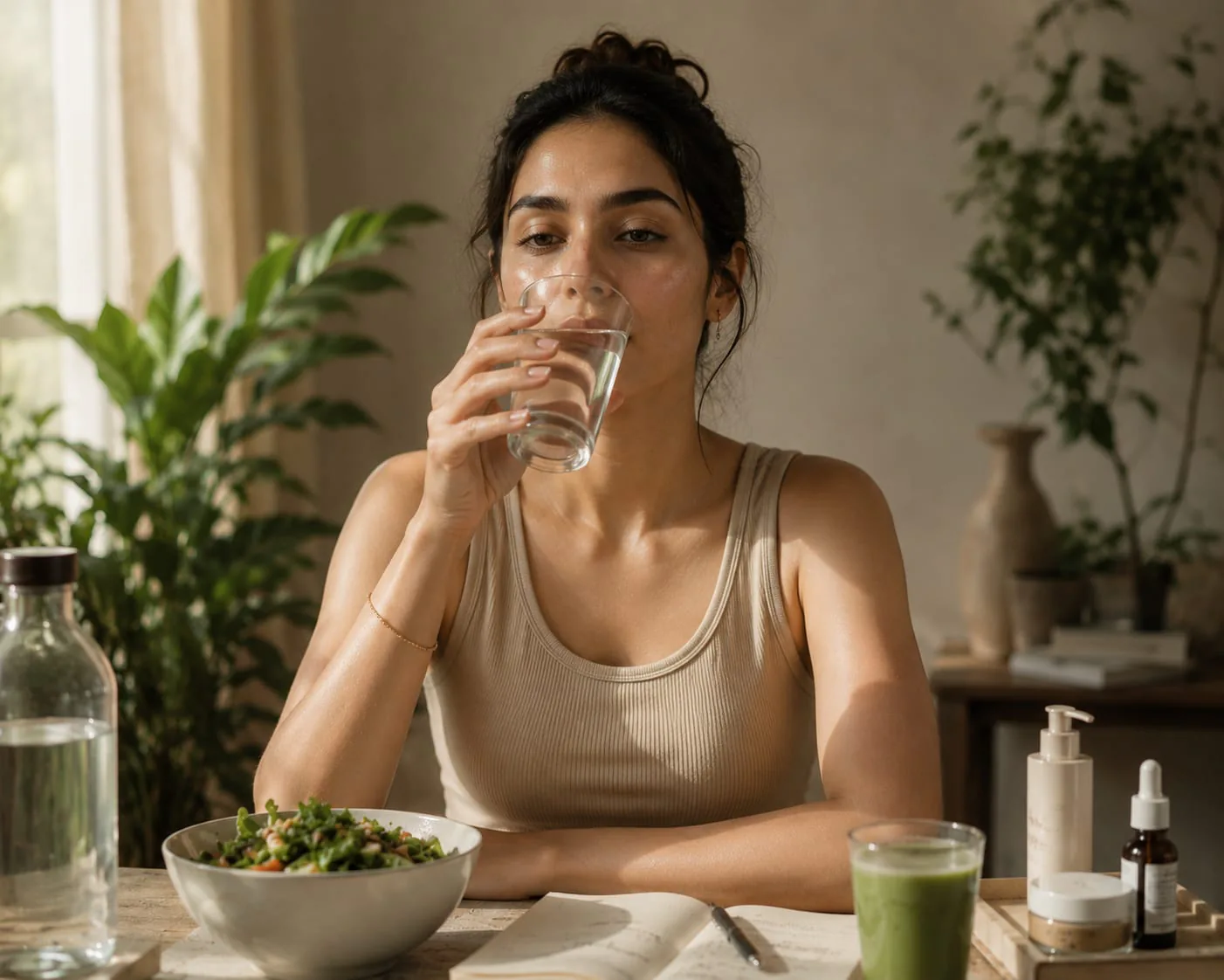 Woman drinking a glass of water at a plant-filled table with a salad bowl and green juice