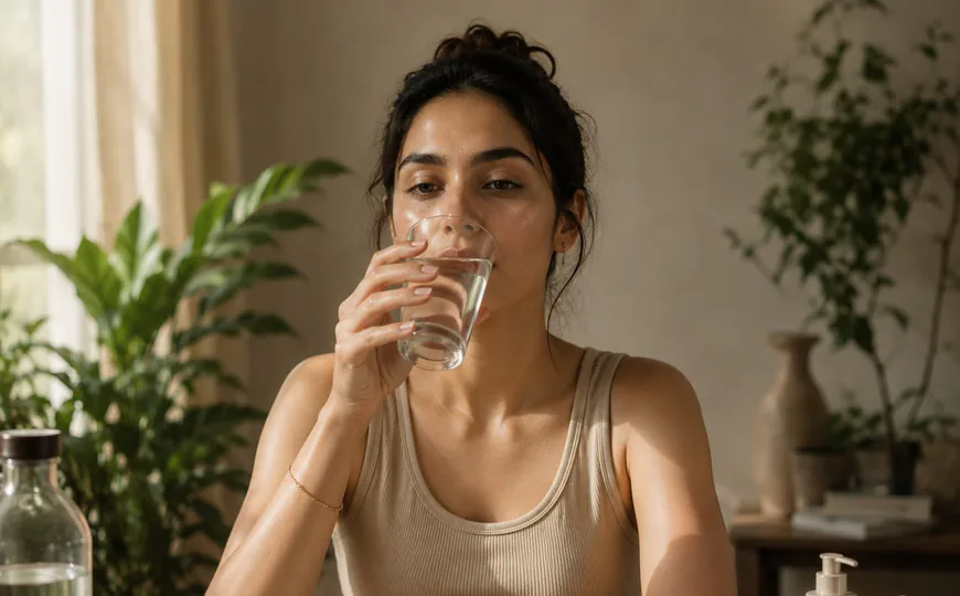 Woman drinking a glass of water at a plant-filled table with a salad bowl and green juice
