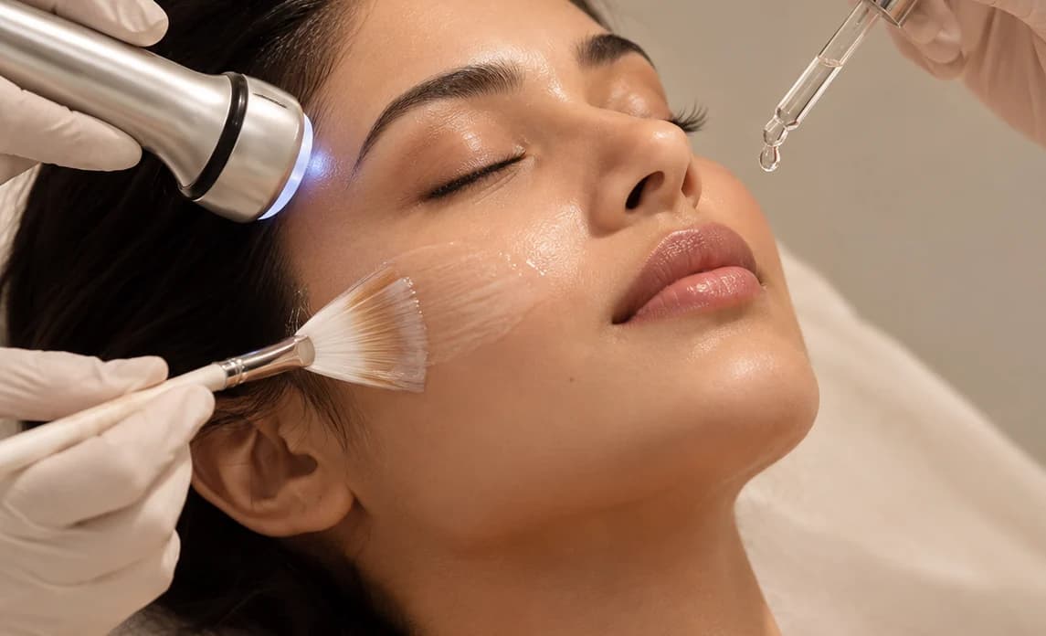 A facial in progress: a serum brushed onto the cheek beside an LED handpiece